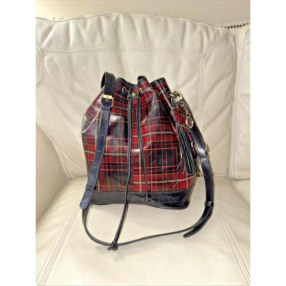 Patricia Nash Bucket Bag Crossbody Leather Plaid Tartan Black Red Tassel Charm